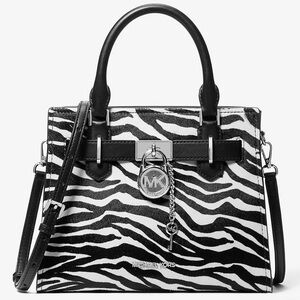 Michael Kors Hamilton Small Zebra Print Calf Hair Satchel Bag Black Multi